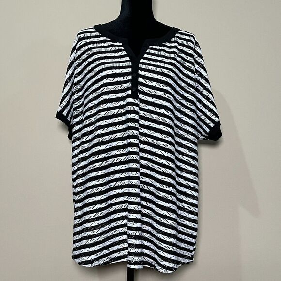 CJ Banks Tops - CJ Banks  Blue White Striped Pullover V Neck 3/4 Button Short Sleeve Size 3X